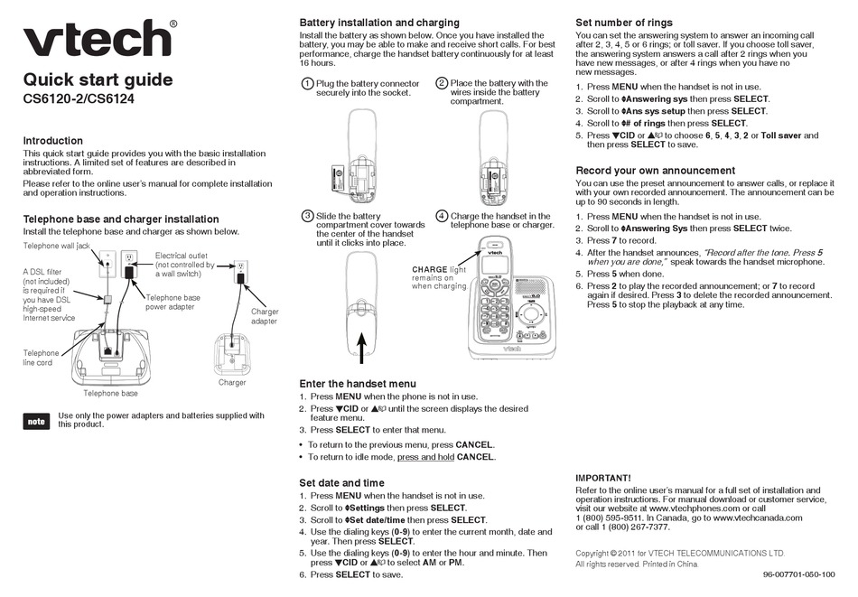 VTECH CS6124 QUICK START MANUAL Pdf Download | ManualsLib