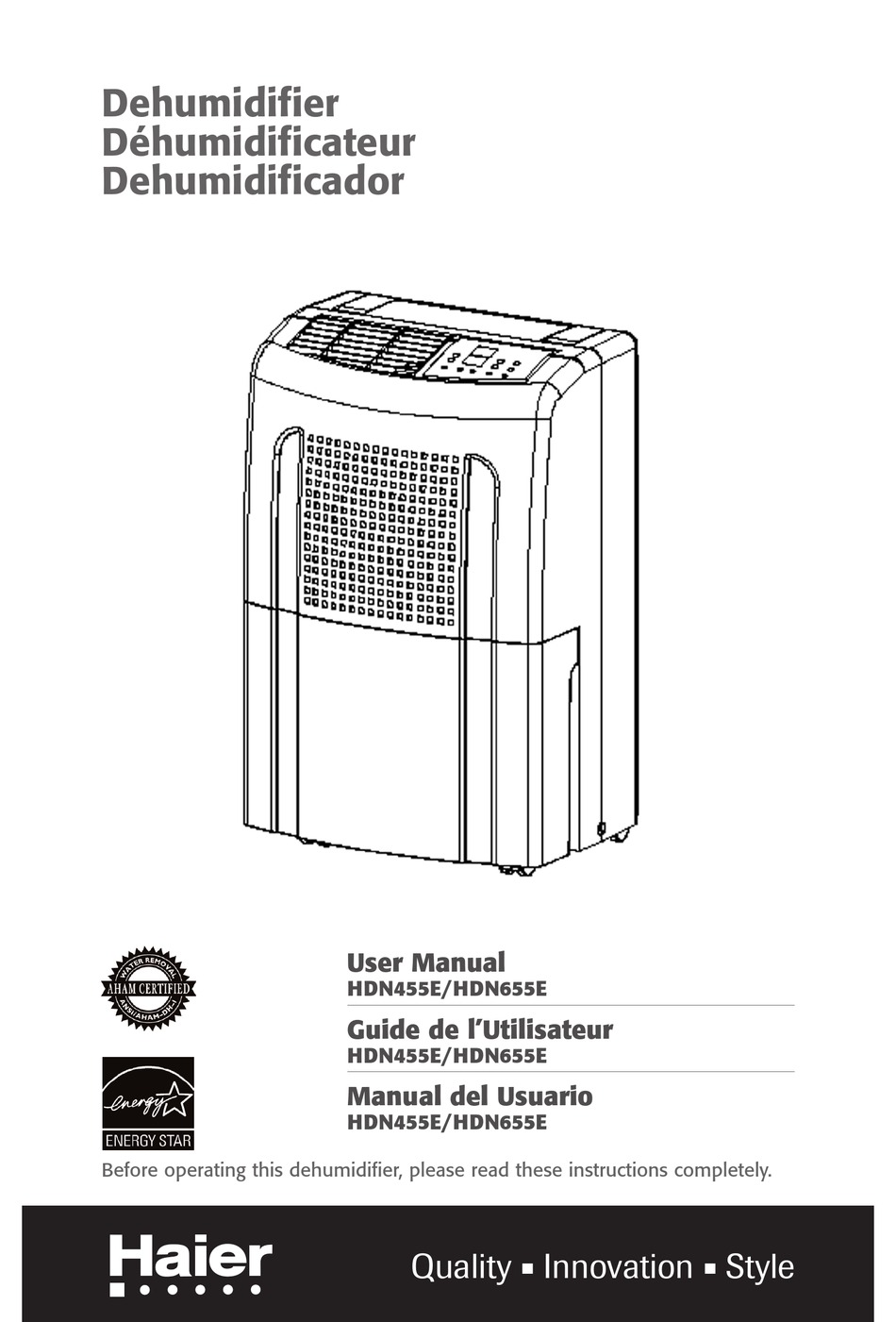 HAIER HDN655E - 65 PINT CAPACITY DEHUMIDIFIER USER MANUAL Pdf Download