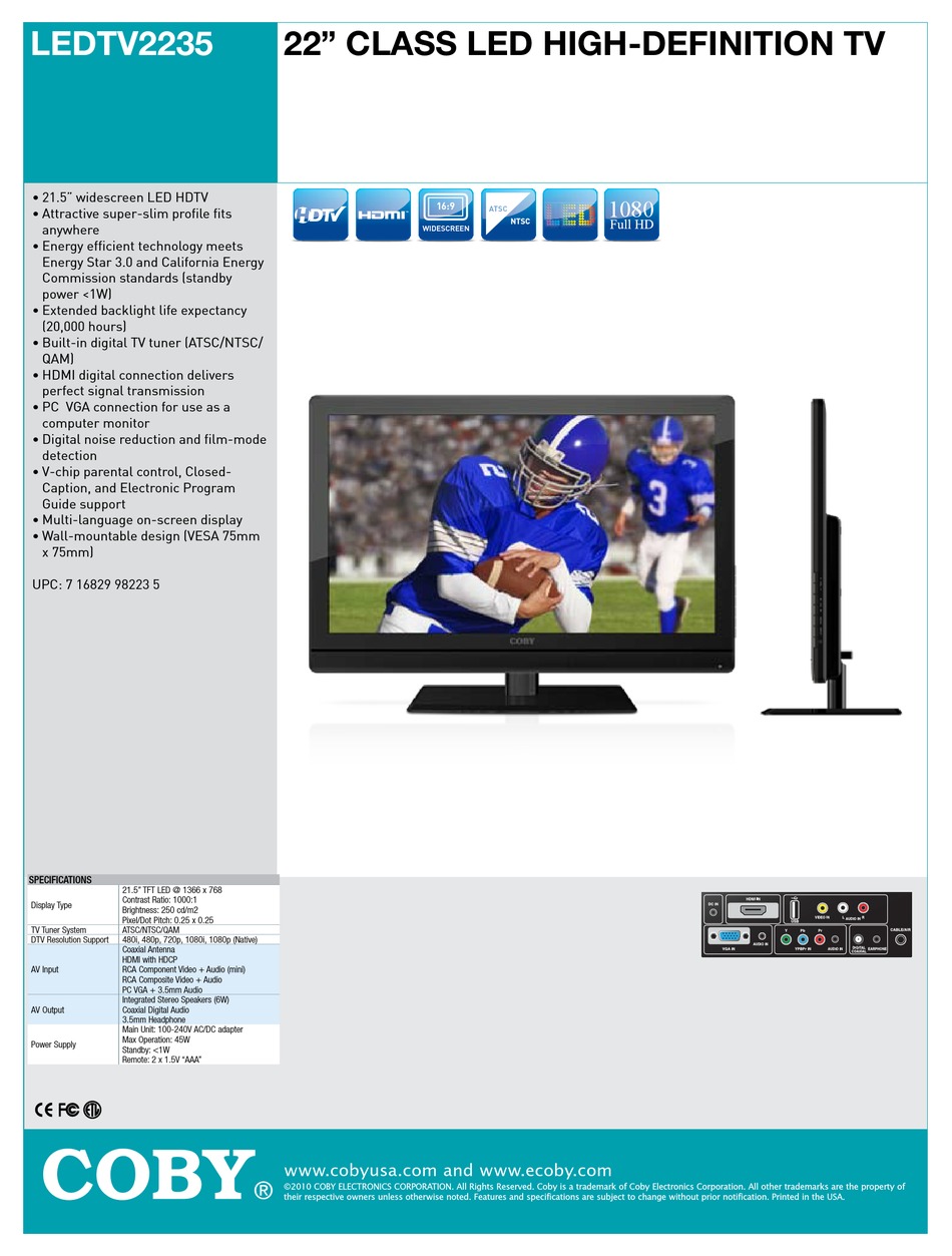 COBY LEDTV2235 SPECIFICATIONS Pdf Download | ManualsLib