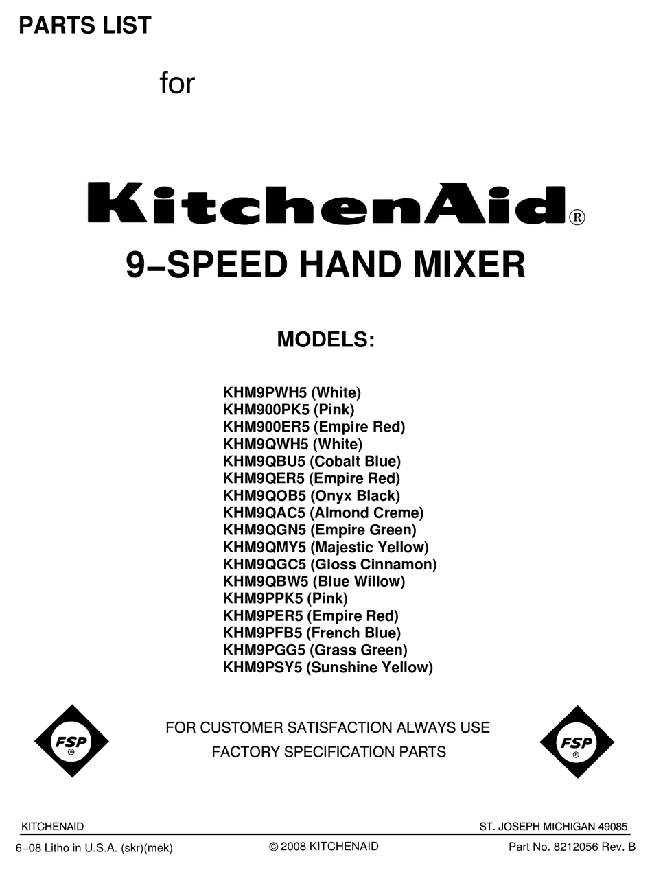 KITCHENAID KHM9PER HAND MIXER PARTS LIST Pdf Download ManualsLib