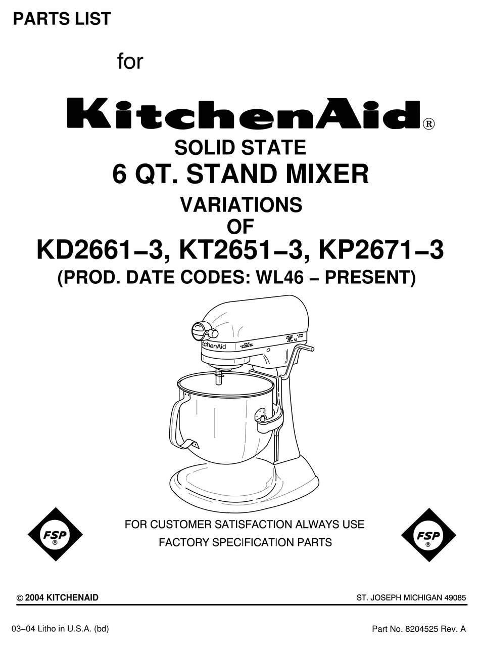 KITCHENAID KP20XAC   PROFESSIONAL STAND MIXER PARTS LIST Pdf ...