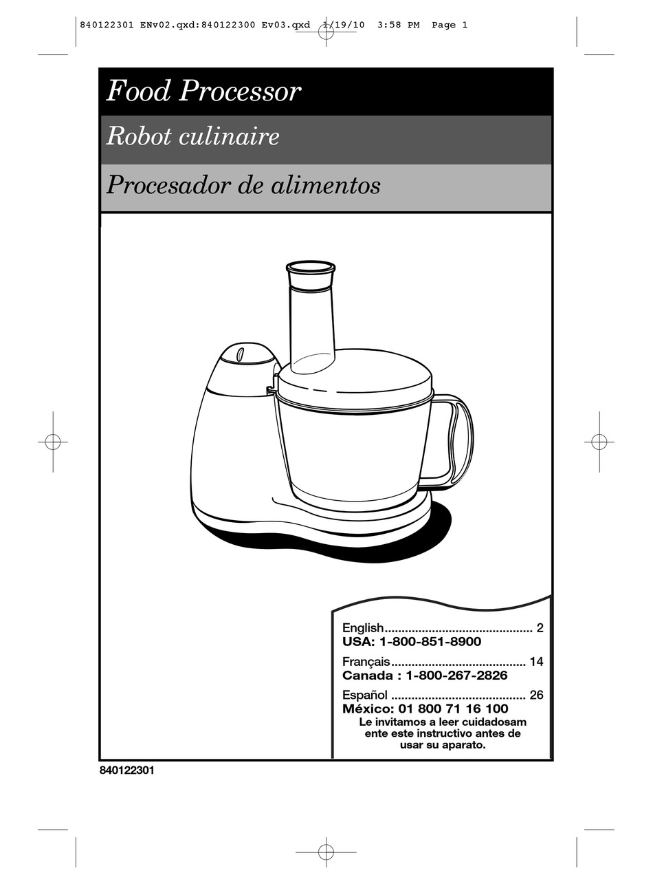HAMILTON BEACH 70450 6 CUP BOWL FOOD PROCESSOR USE & CARE MANUAL Pdf