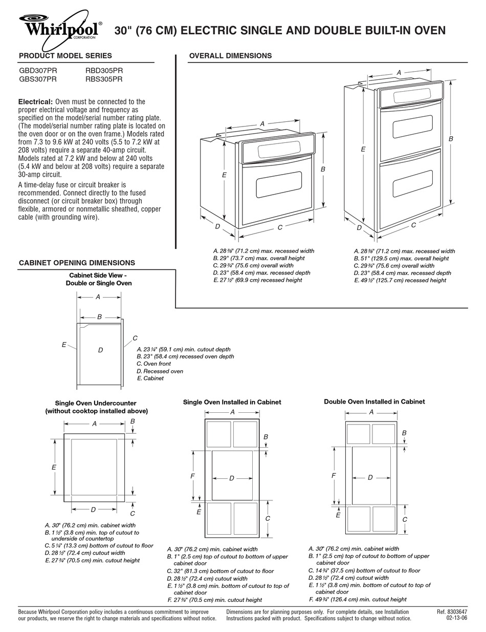 WHIRLPOOL GBS307PRSS DIMENSIONS Pdf Download | ManualsLib