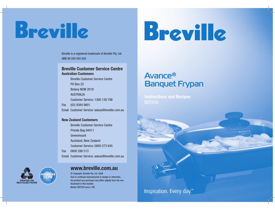 BREVILLE AVANCE BEF200 INSTRUCTIONS AND RECIPES MANUAL Pdf Download