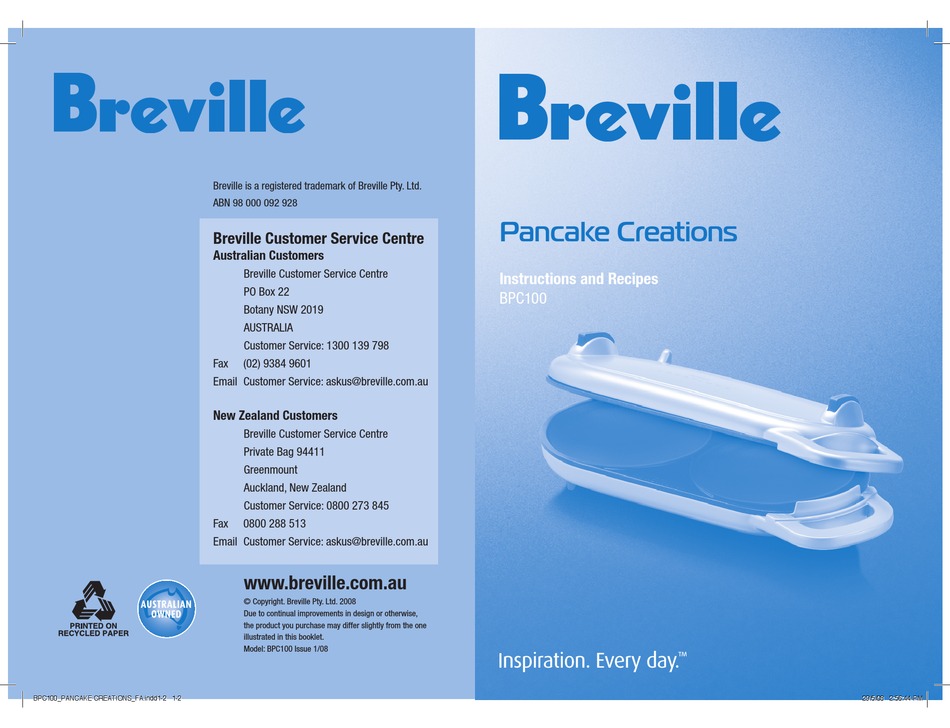 BREVILLE BPC100 INSTRUCTIONS AND 