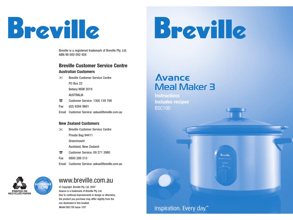 BREVILLE BSC100 INSTRUCTIONS MANUAL Pdf Download ManualsLib