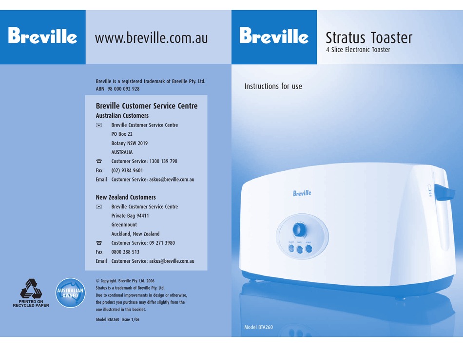 BREVILLE BTA260 INSTRUCTIONS FOR USE 