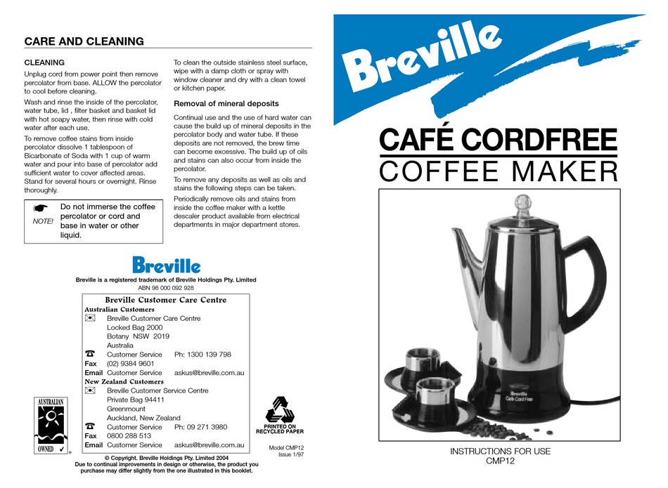 BREVILLE CMP12 INSTRUCTIONS FOR USE Pdf 