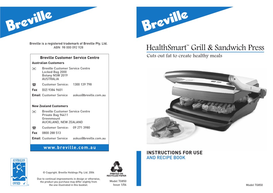 BREVILLE HEALTHSMART TG850 INSTRUCTIONS FOR USE AND RECIPE BOOK Pdf