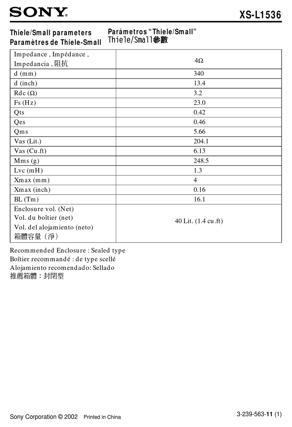 SONY XSL1536 SUBWOOFER PARAMETER MANUAL Pdf Download ManualsLib