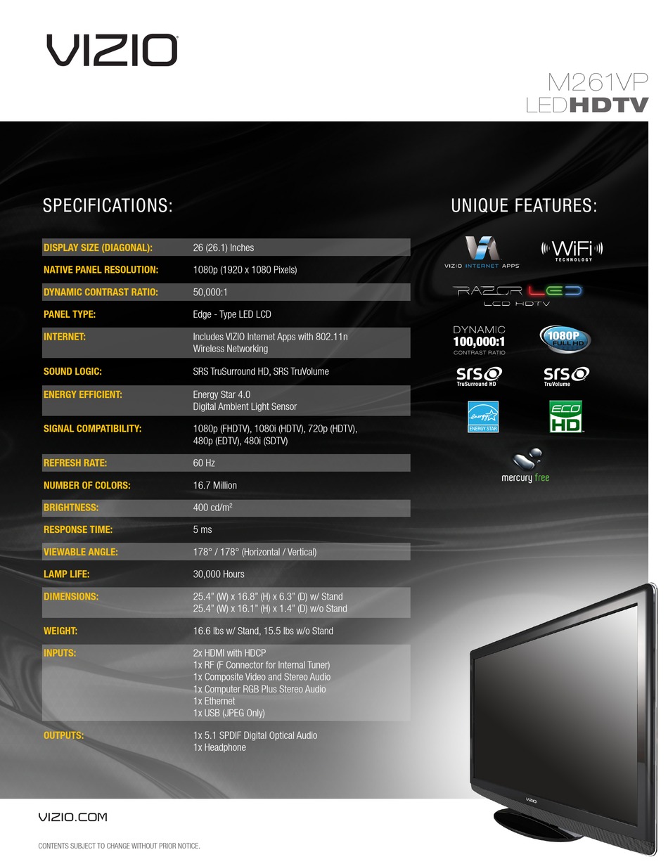 VIZIO M261VP SPECIFICATIONS Pdf Download ManualsLib