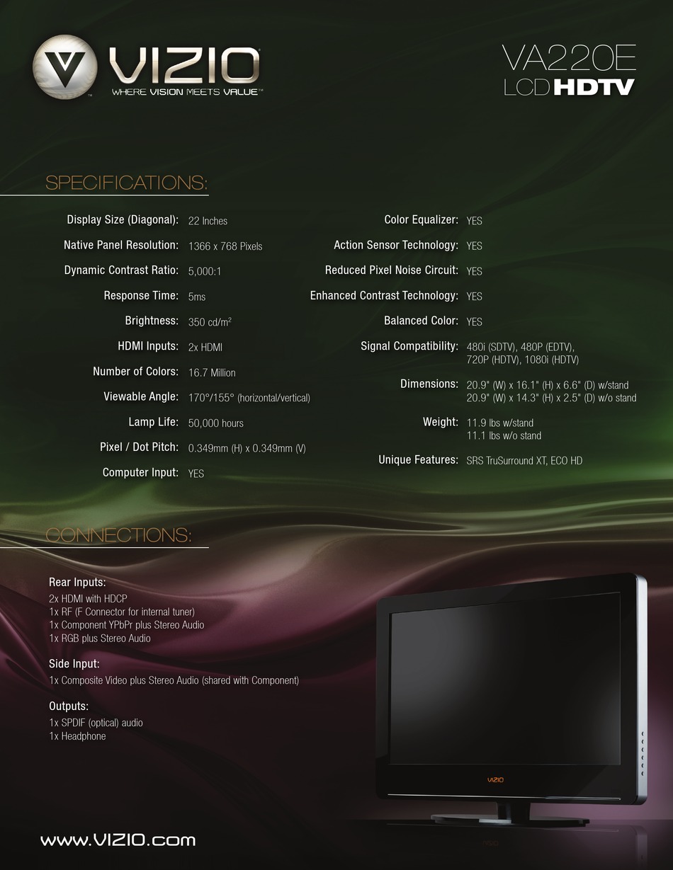 VIZIO VA220E SPECIFICATIONS Pdf Download ManualsLib
