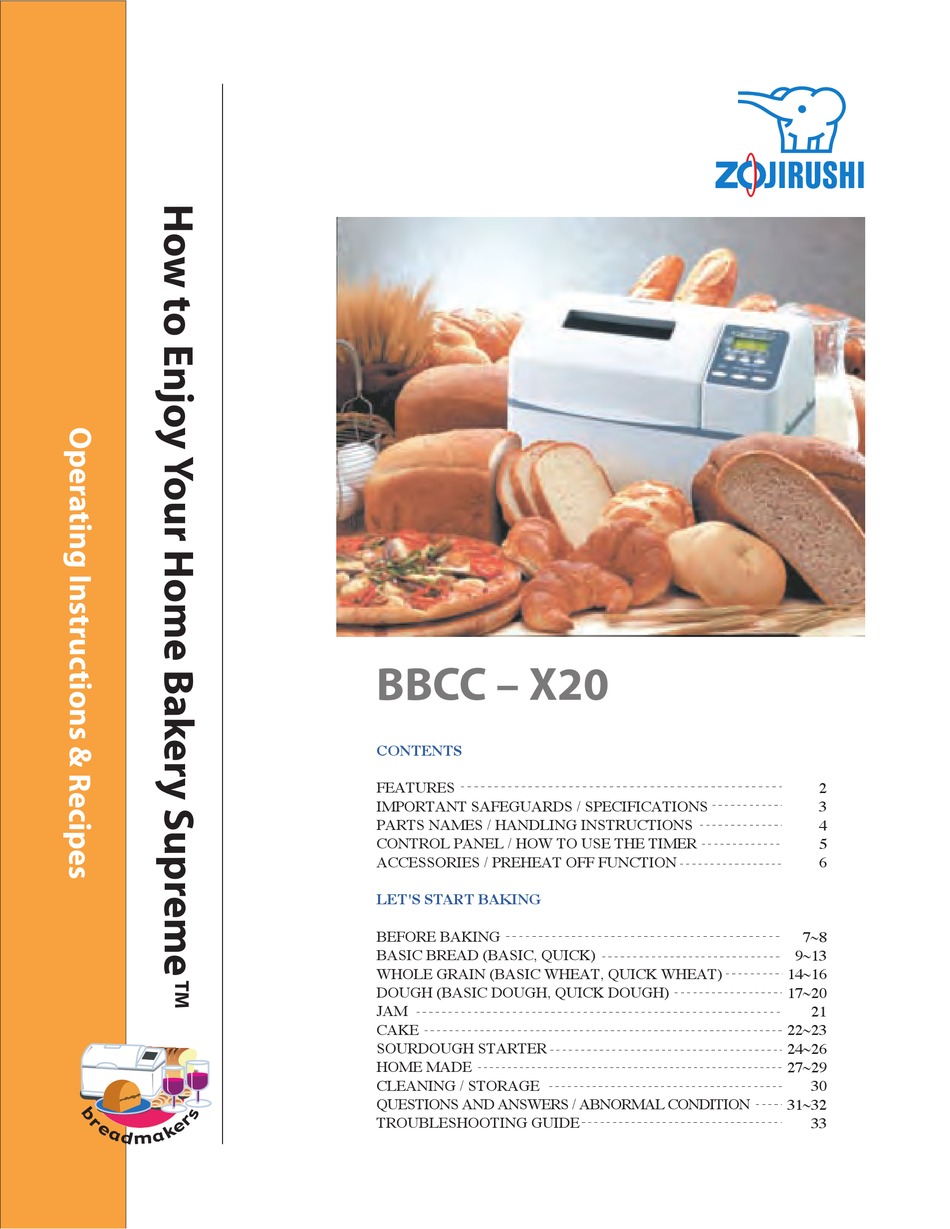ZOJIRUSHI BBCC-X20 OPERATING INSTRUCTIONS & RECIPES Pdf Download