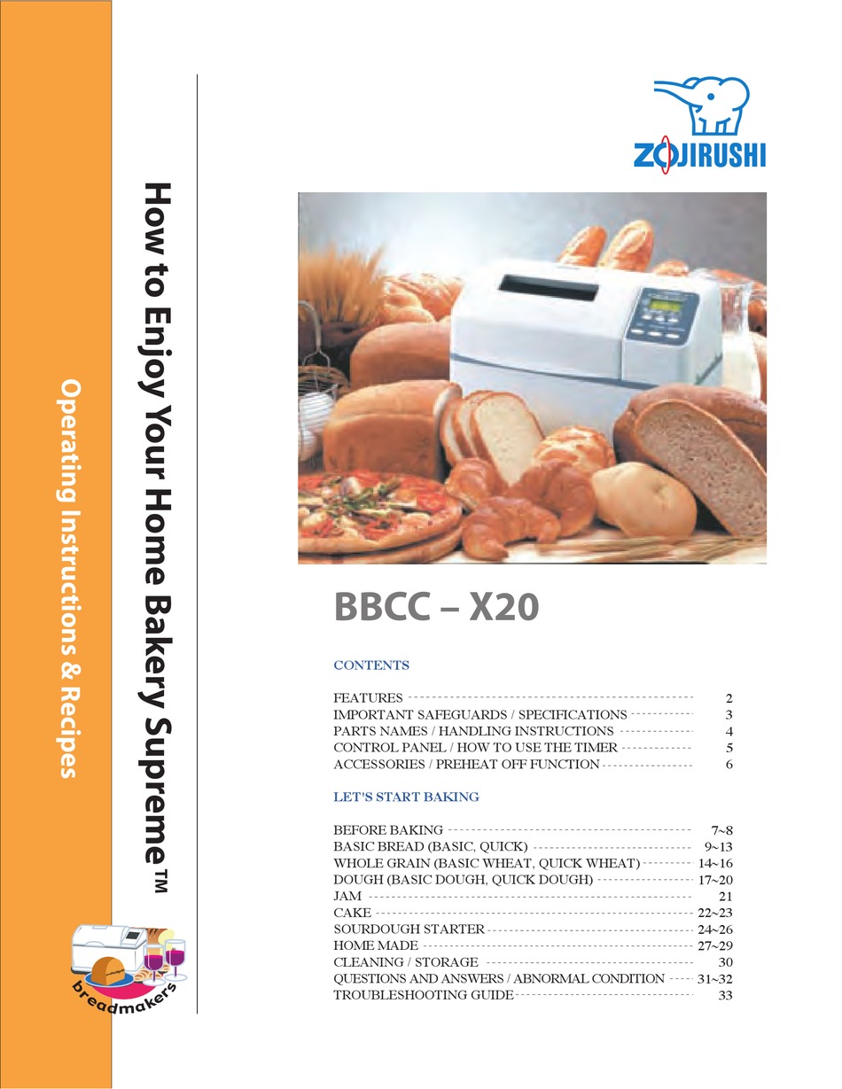 Zojirushi Bbcc-x20 Operating Instructions Recipes Pdf Download Manualslib