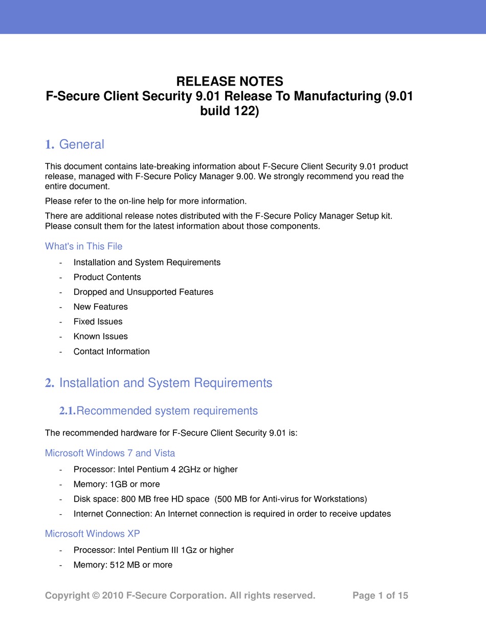 F Secure Client Security 9 01 Release Notes Release Note Pdf Download Manualslib
