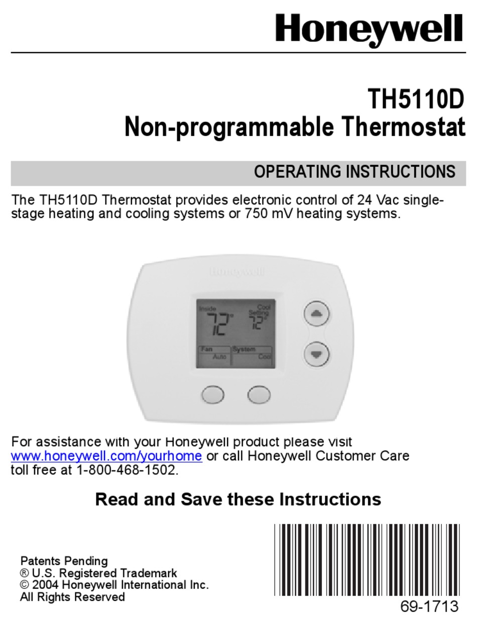 HONEYWELL 1-HEAT/1-COOL - TH5110D1022 LARGE R OPERATING INSTRUCTIONS