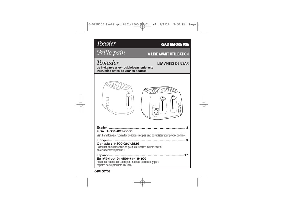HAMILTON BEACH 22502 DIGITAL 2 SLICE TOASTER USE & CARE MANUAL Pdf