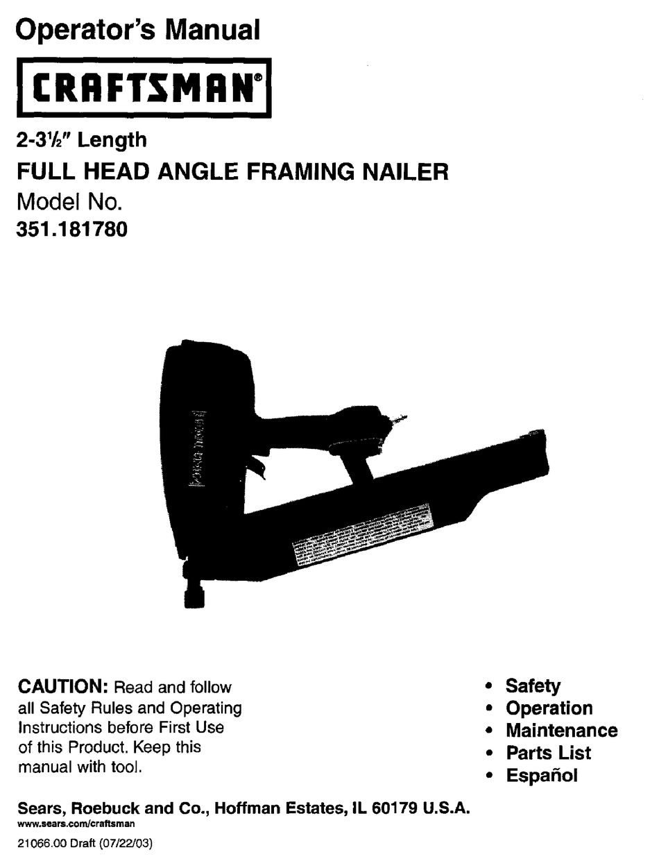 CRAFTSMAN 18178 FULL HEAD FRAMING NAILER OPERATOR'S MANUAL Pdf