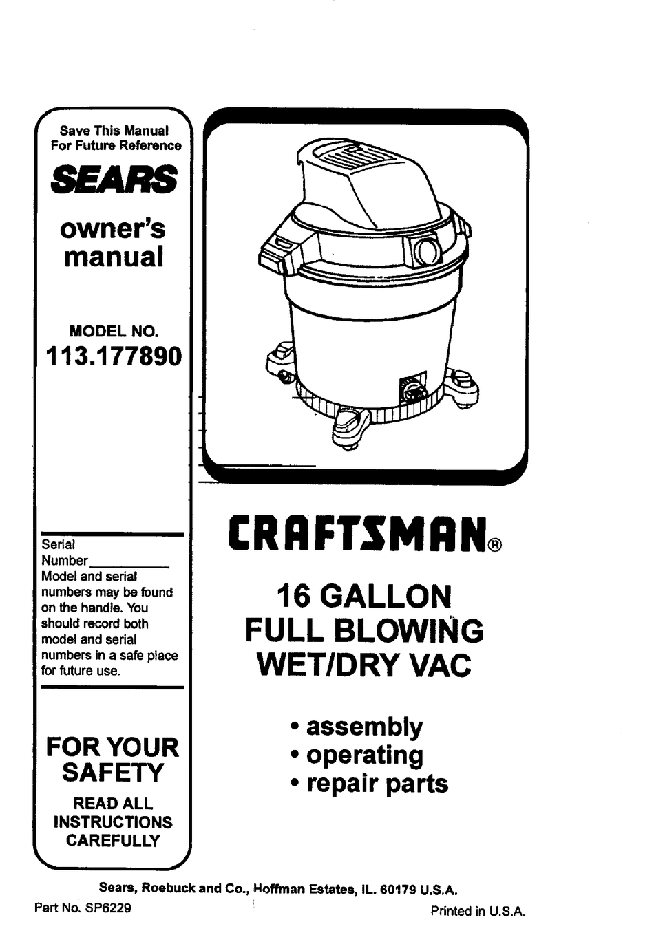 CRAFTSMAN 17789 WET/DRY VAC ADVANCED CLEANING SYSTEMTM OWNER'S MANUAL