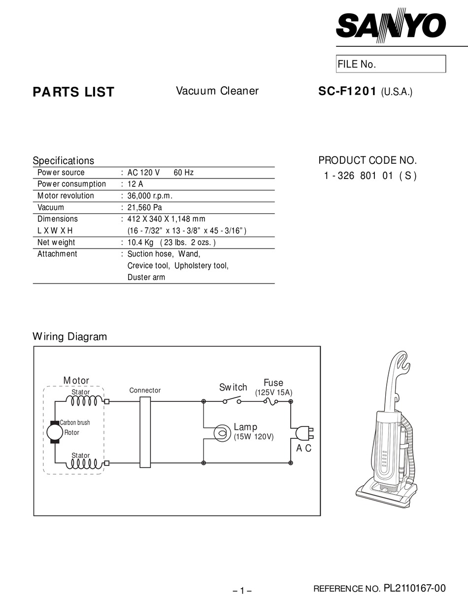 SANYO SCF1201 UPRIGHT BAGLESS VACUUM CLEANER PARTS LIST Pdf Download