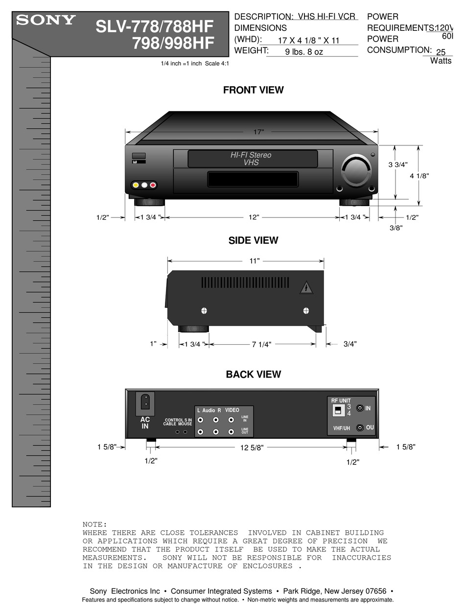 SONY SLV778HF VIDEO CASSETTE RECORDER DIMENSIONS Pdf Download