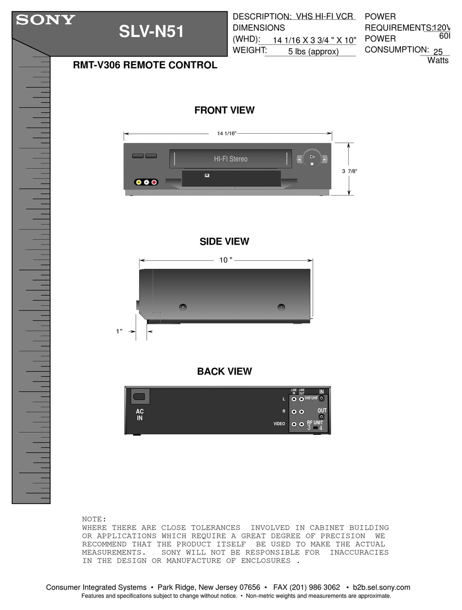 SONY SLV-N51 - VIDEO CASSETTE RECORDER DIMENSIONS Pdf Download | ManualsLib