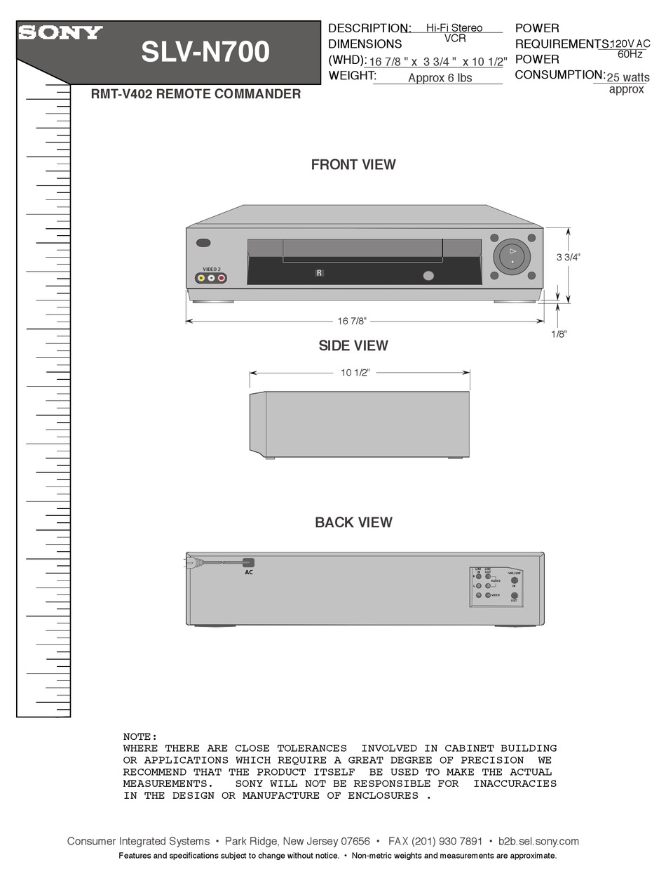 SONY SLVN700 VIDEO CASSETTE RECORDER DIMENSIONS Pdf Download