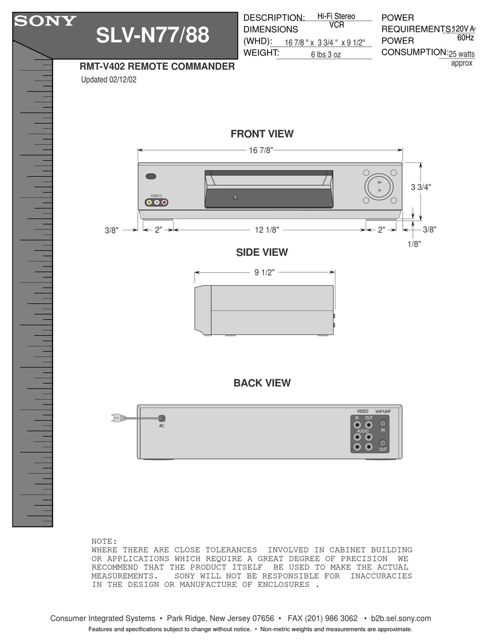 SONY SLVN77 VIDEO CASSETTE RECORDER DIMENSIONS Pdf Download ManualsLib