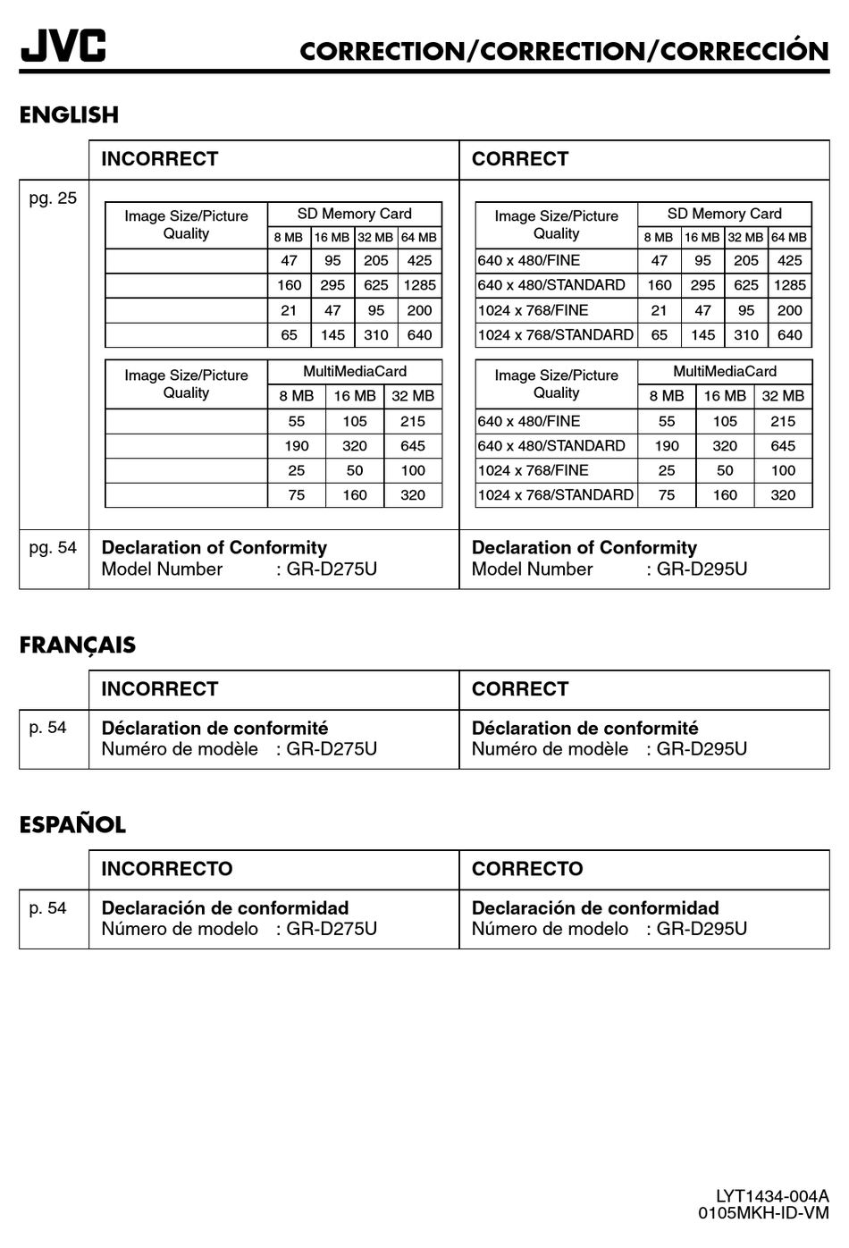 JVC GRD295U MINIDV CAMCORDER W/25X OPTICAL ZOOM DOCUMENTATION UPDATE