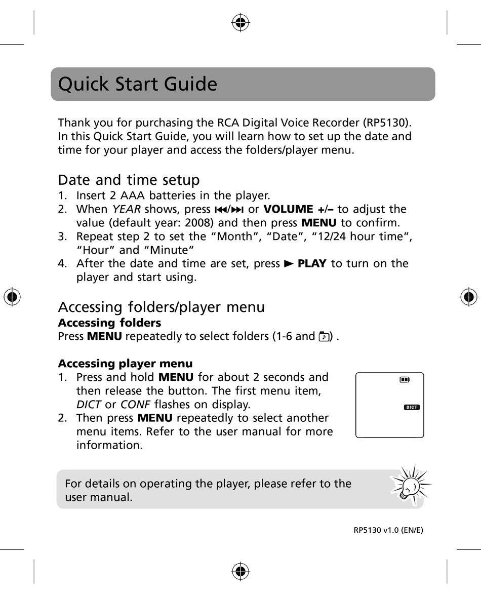 RCA RP5130 QUICK START MANUAL Pdf Download | ManualsLib