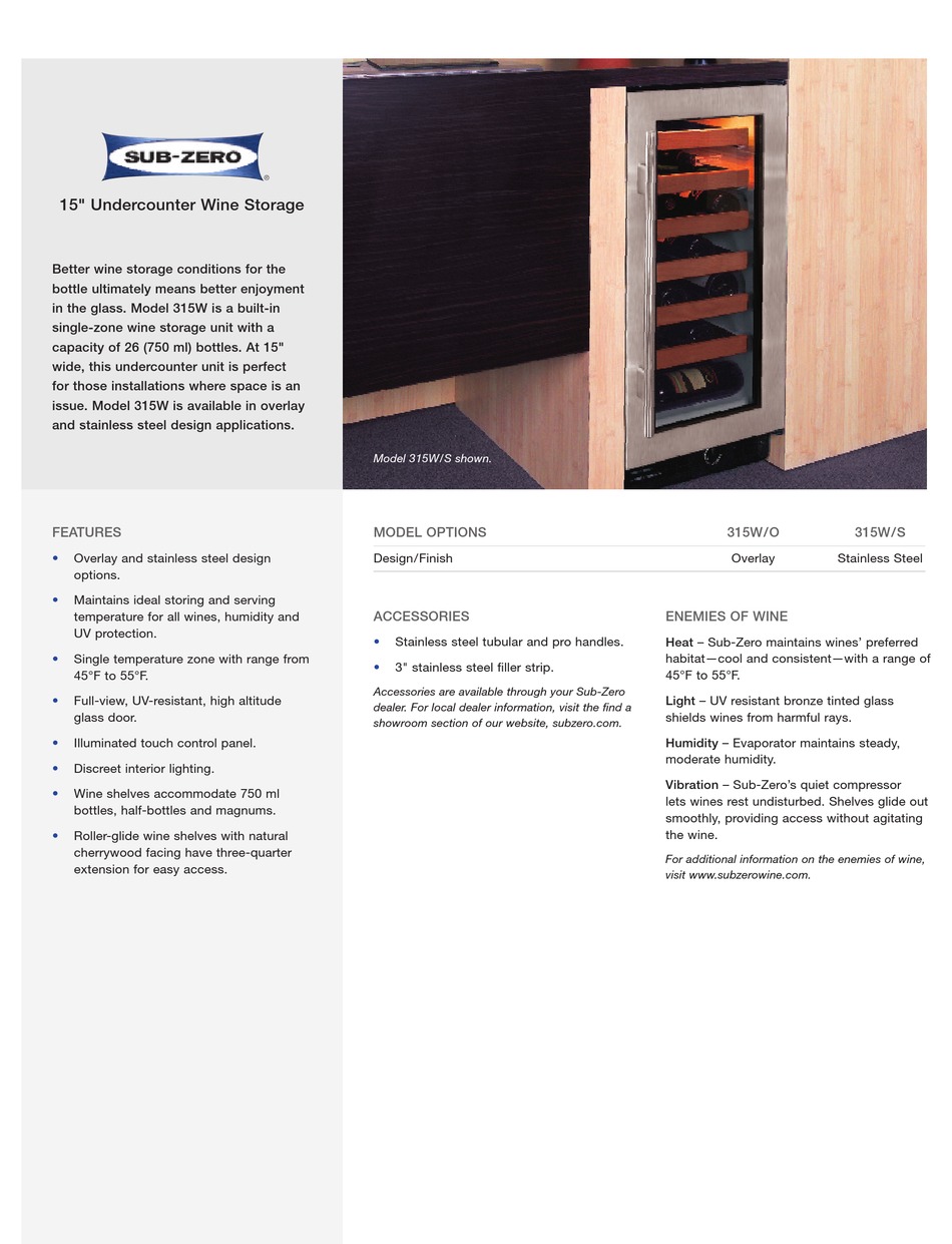 SUBZERO 315W SPECIFICATION SHEET Pdf Download ManualsLib