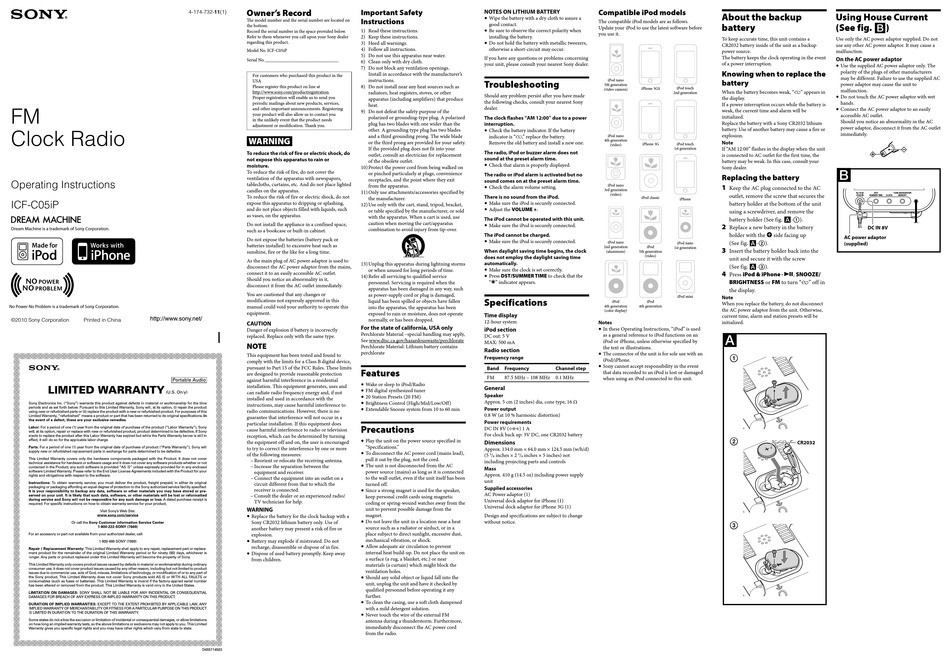 SONY ICFC05IPBLK CLOCK RADIO FOR IPOD OPERATING INSTRUCTIONS Pdf