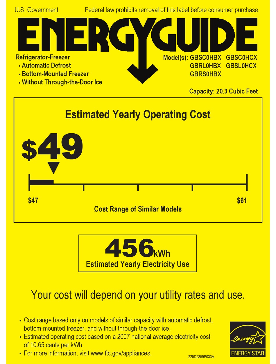 GE GBSC0HCXWW - 20.3 CU. FT. BOTTOM-FREEZER REFRIGERATOR ENERGY MANUAL ...