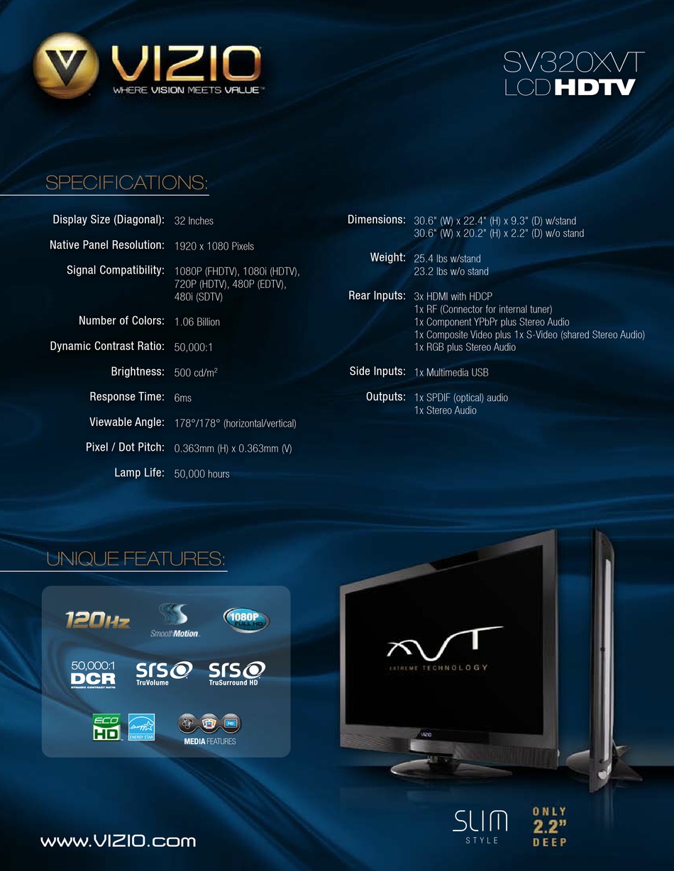 VIZIO SV320XVT 32" LCD TV SPECIFICATIONS Pdf Download ManualsLib