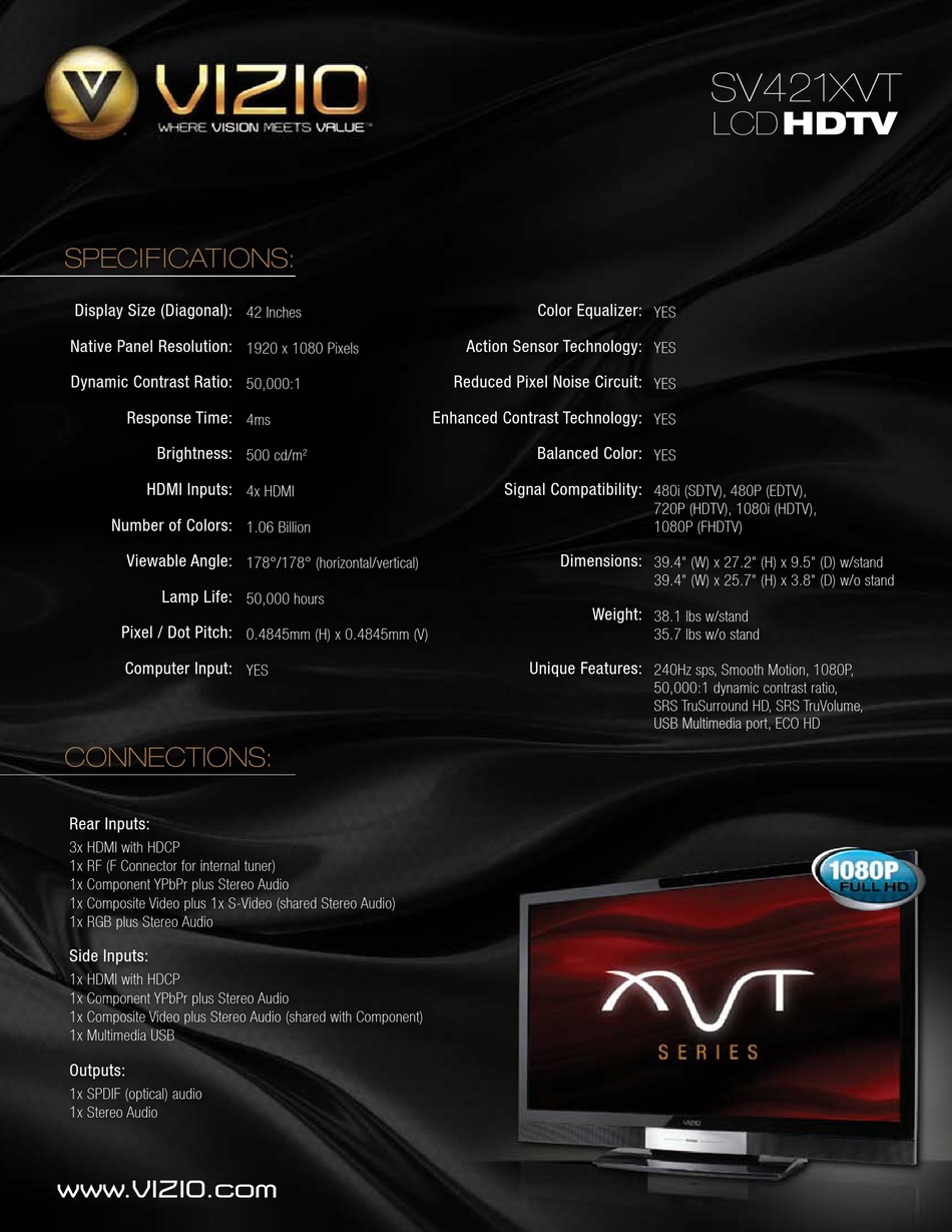 VIZIO SV421XVT 42" LCD TV SPECIFICATIONS Pdf Download ManualsLib