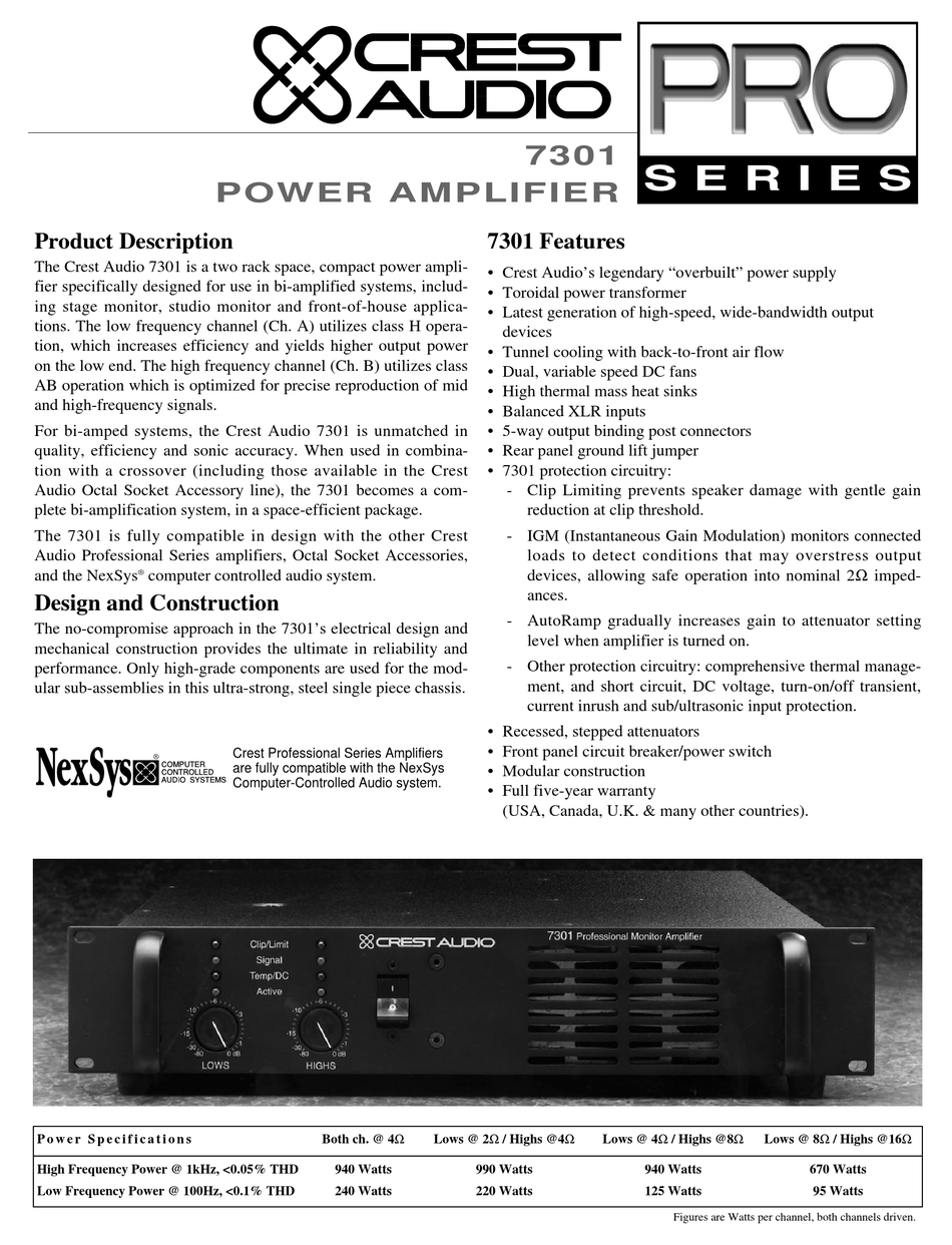 Crest Audio Pro Series 7301 Specifications Pdf Download Manualslib