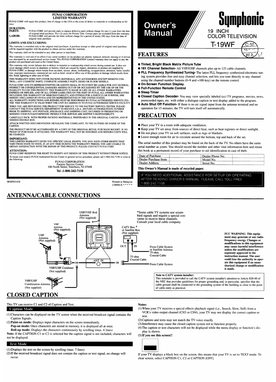 SYMPHONIC T-19WF OWNER'S MANUAL Pdf Download | ManualsLib