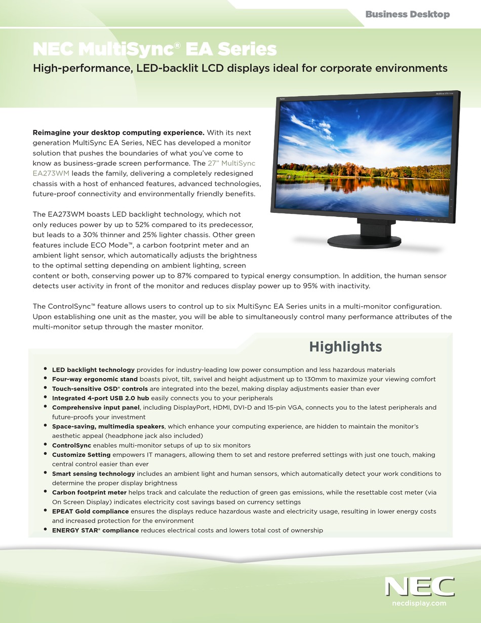 NEC EA273WM-BK SPECIFICATION Pdf 