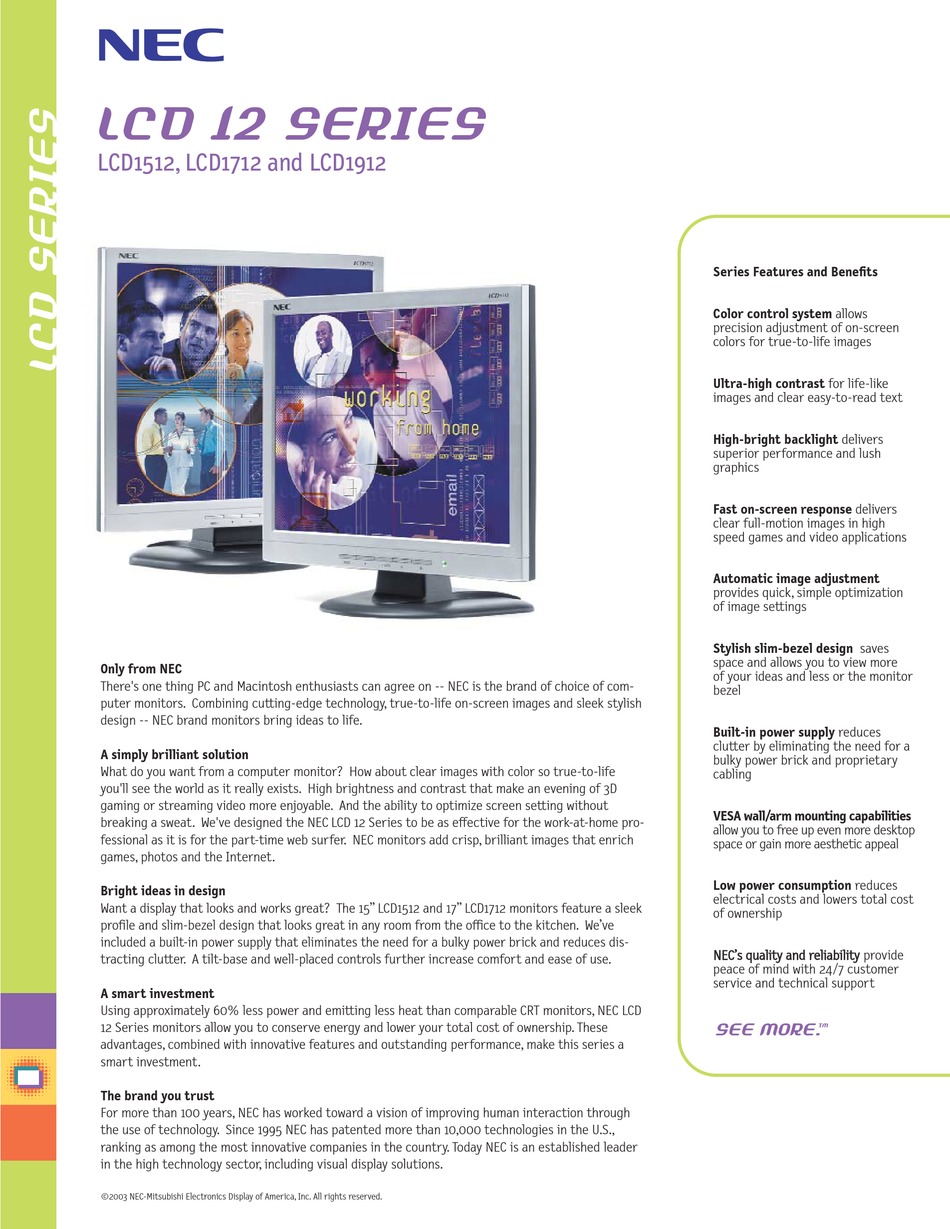 NEC LCD1512 15" LCD MONITOR SPECIFICATIONS Pdf Download ManualsLib