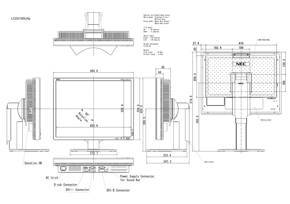 NEC LCD2190UXP PRODUCT DIMENSIONS Pdf 