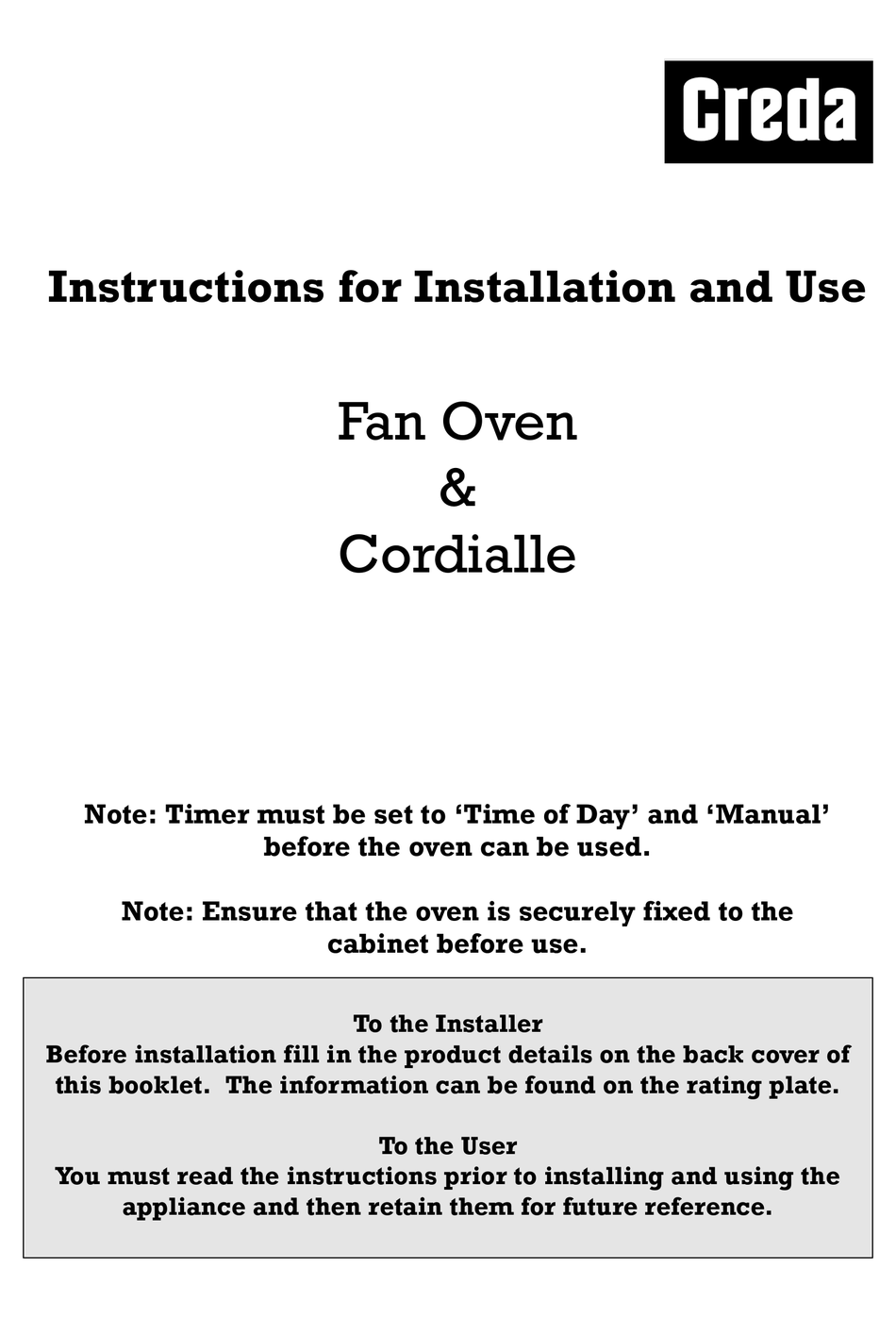 creda cordialle fan oven