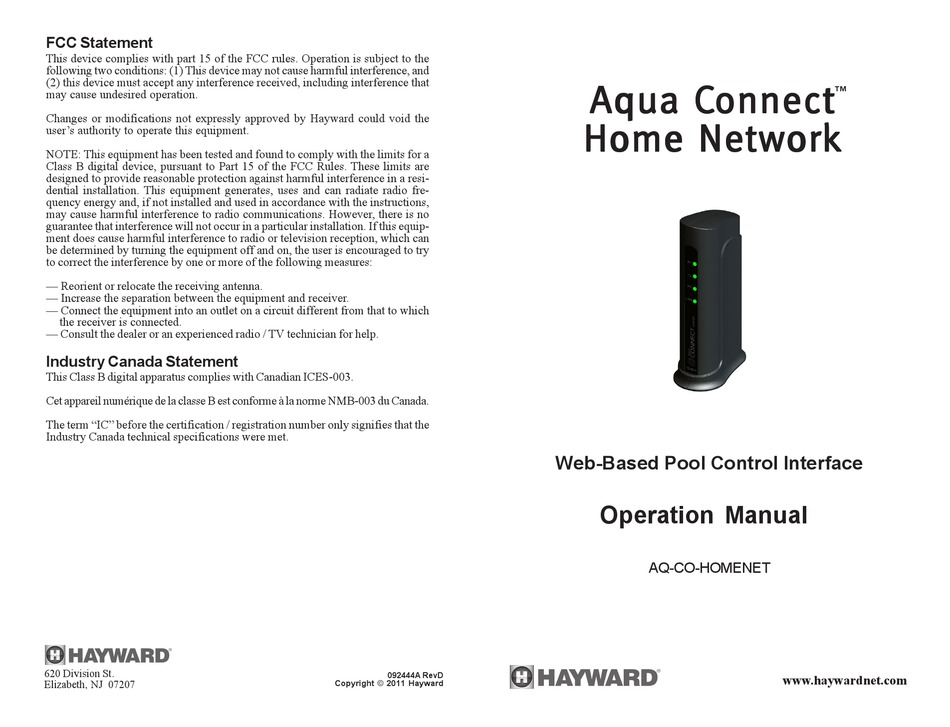 HAYWARD AQUA CONNECT OPERATION MANUAL Pdf Download | ManualsLib
