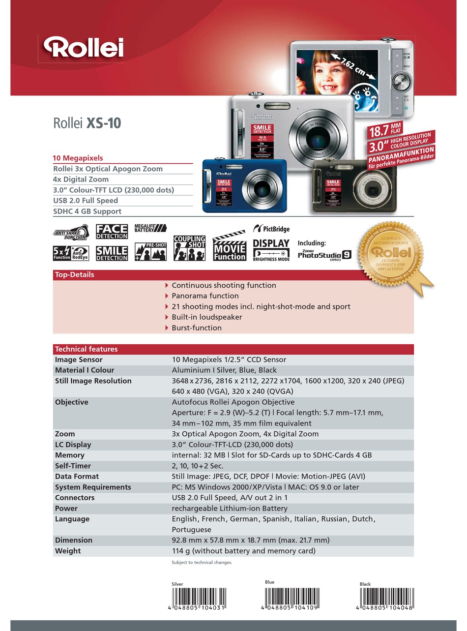 ROLLEI XS-10 SPECIFICATIONS Pdf Download | ManualsLib