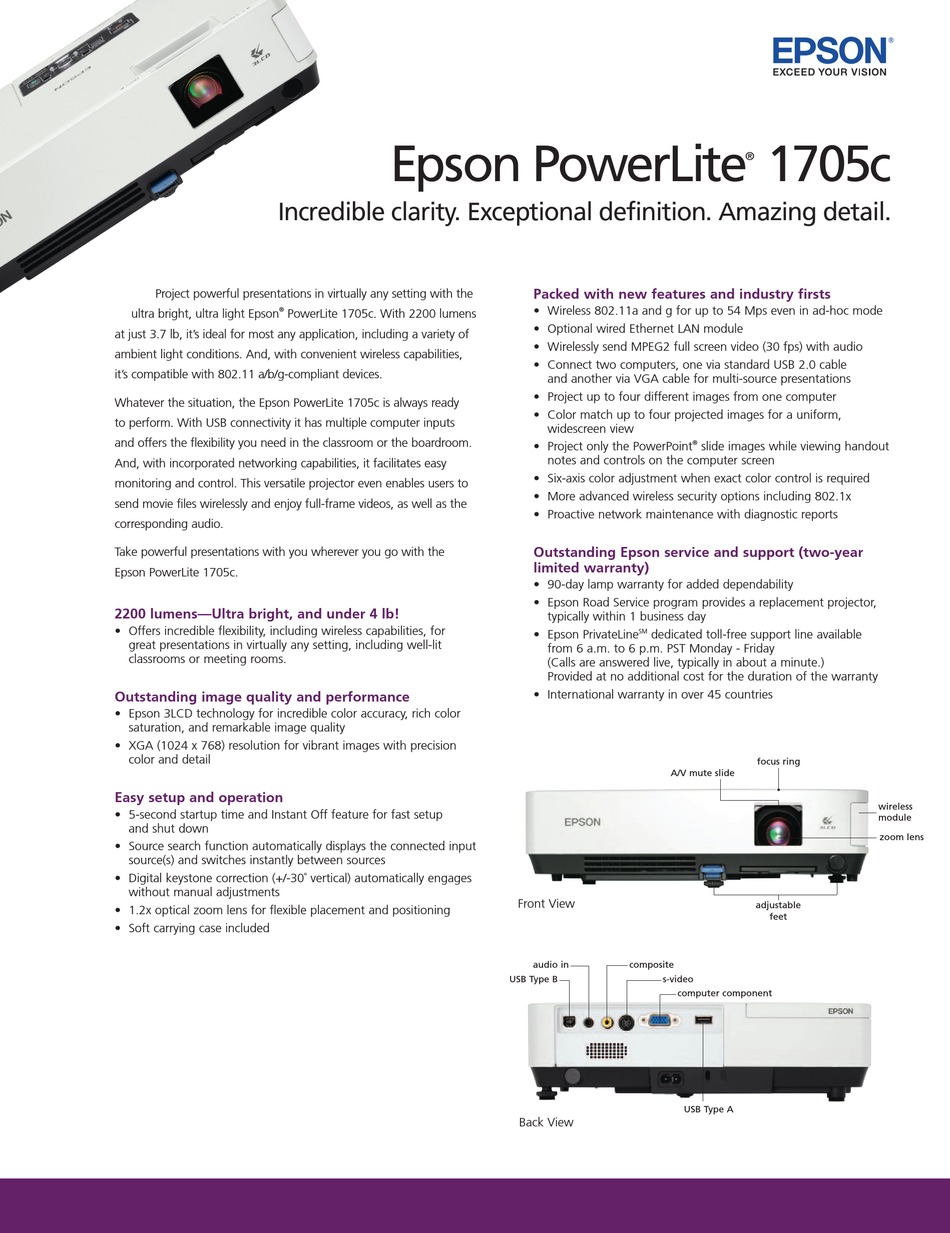 EPSON 1705C POWERLITE XGA LCD PROJECTOR SPECIFICATIONS Pdf Download ManualsLib