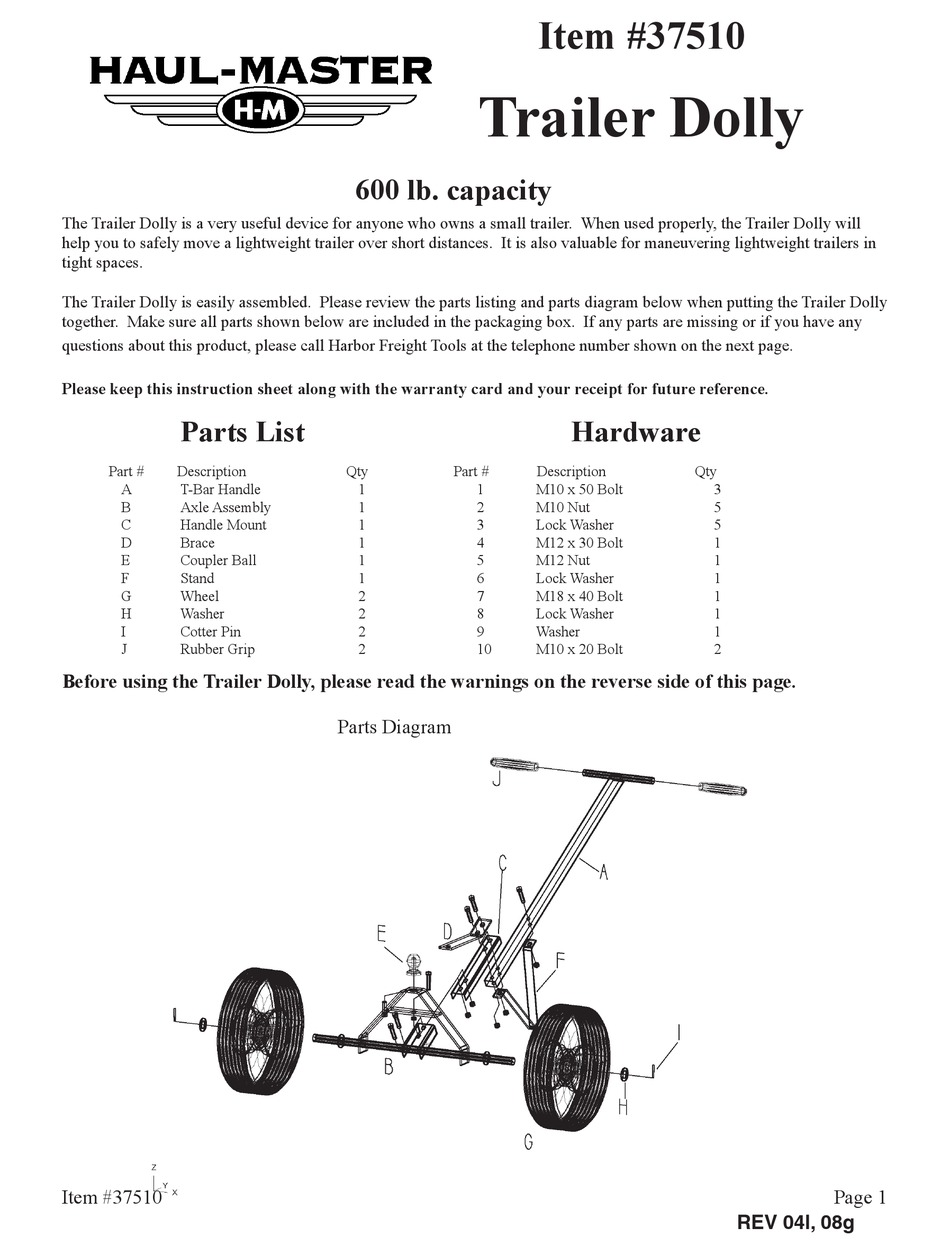 HAUL MASTER 37510 PARTS LIST Pdf Download ManualsLib