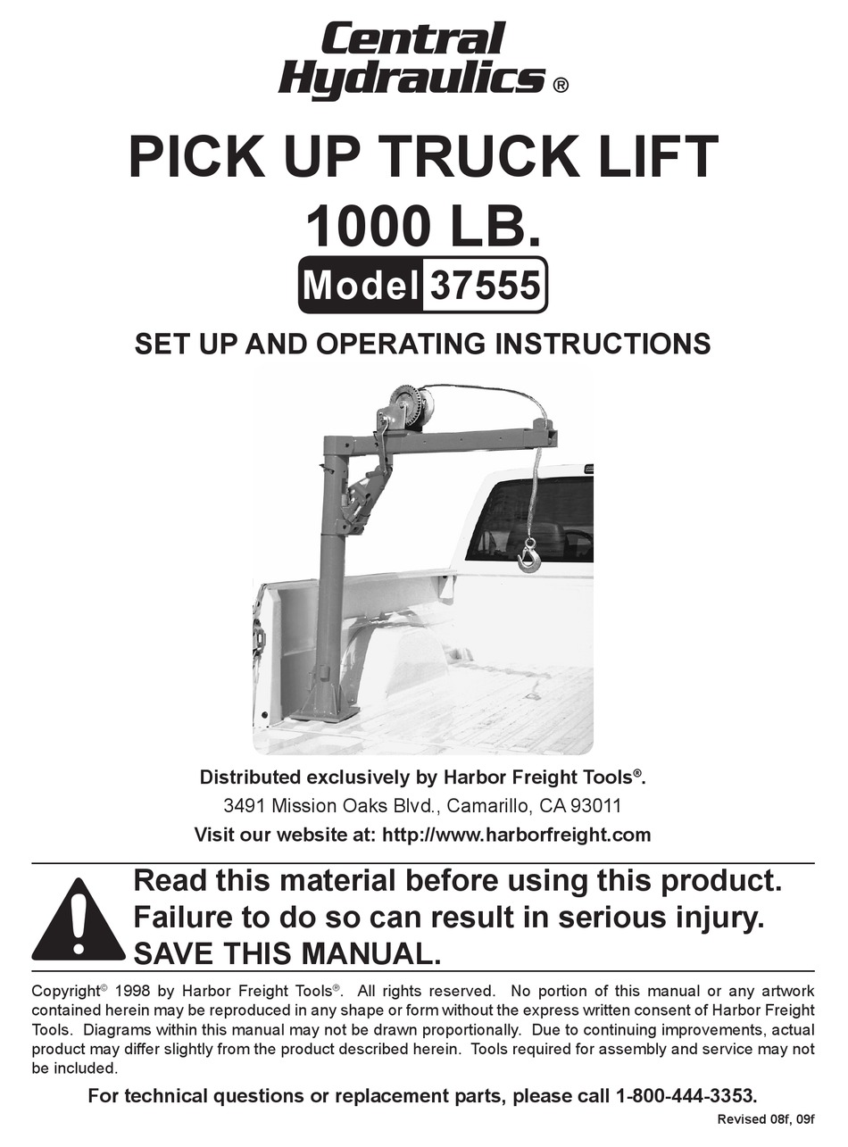CENTRAL HYDRAULICS 37555 SET UP AND OPERATING INSTRUCTIONS MANUAL Pdf