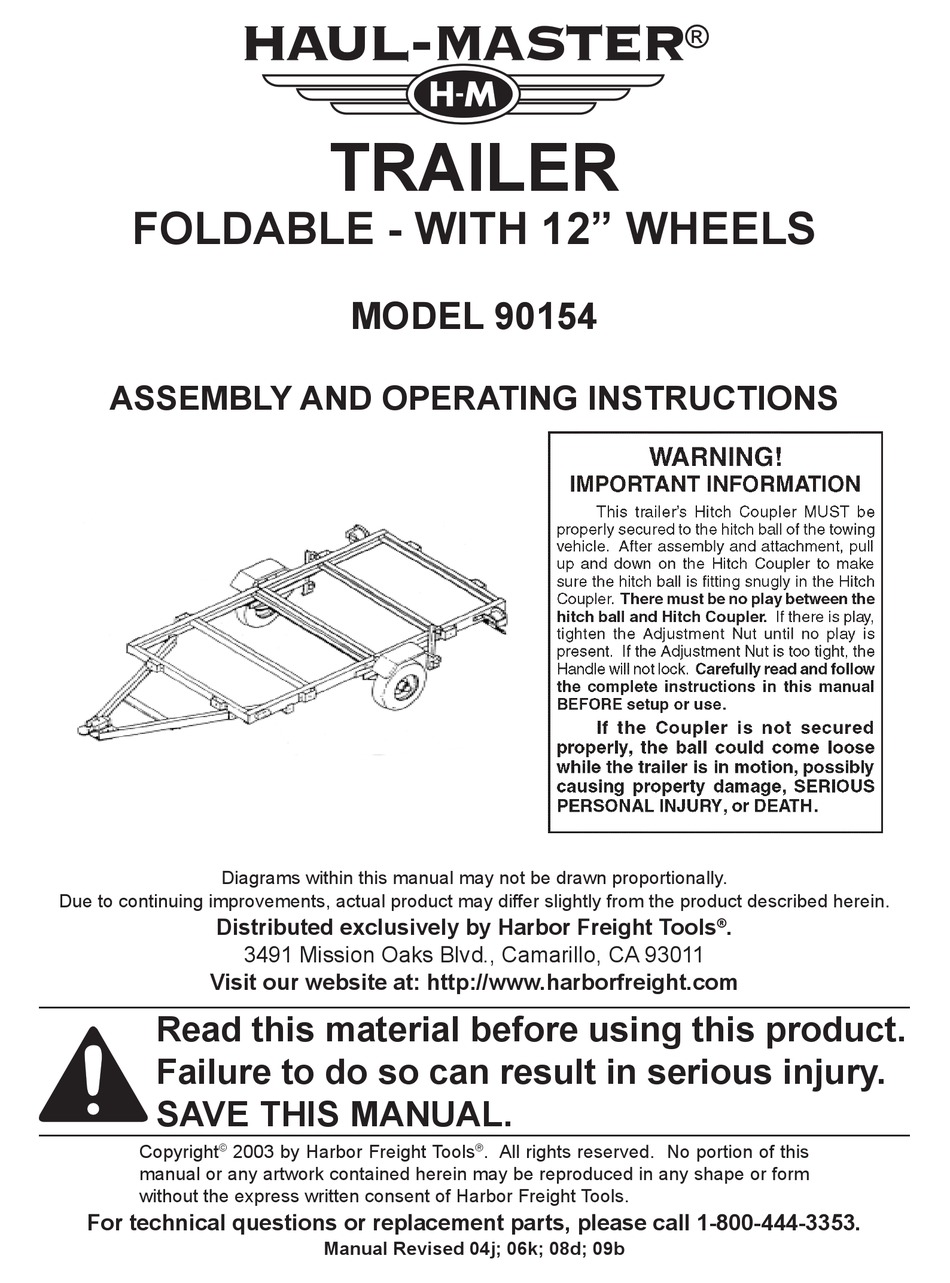 HAUL MASTER 90154 ASSEMBLY AND OPERATING INSTRUCTIONS MANUAL Pdf