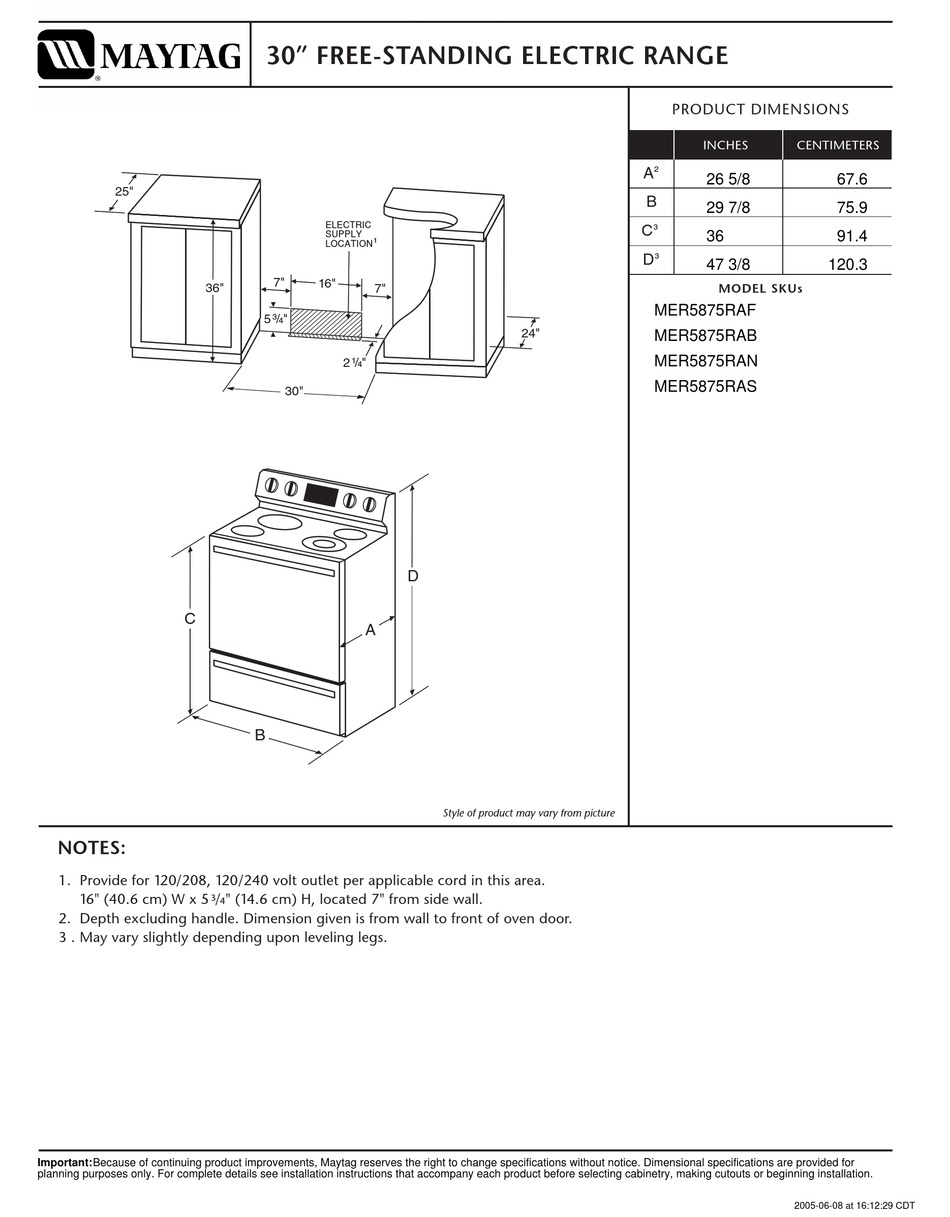 MAYTAG MER5875RAB 30" ELECTRIC RANGE DIMENSIONS Pdf Download ManualsLib