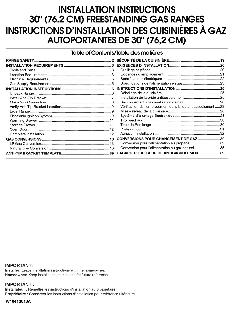 WHIRLPOOL GFG461LVB 30 INCH GAS RANGE INSTALLATION MANUAL Pdf