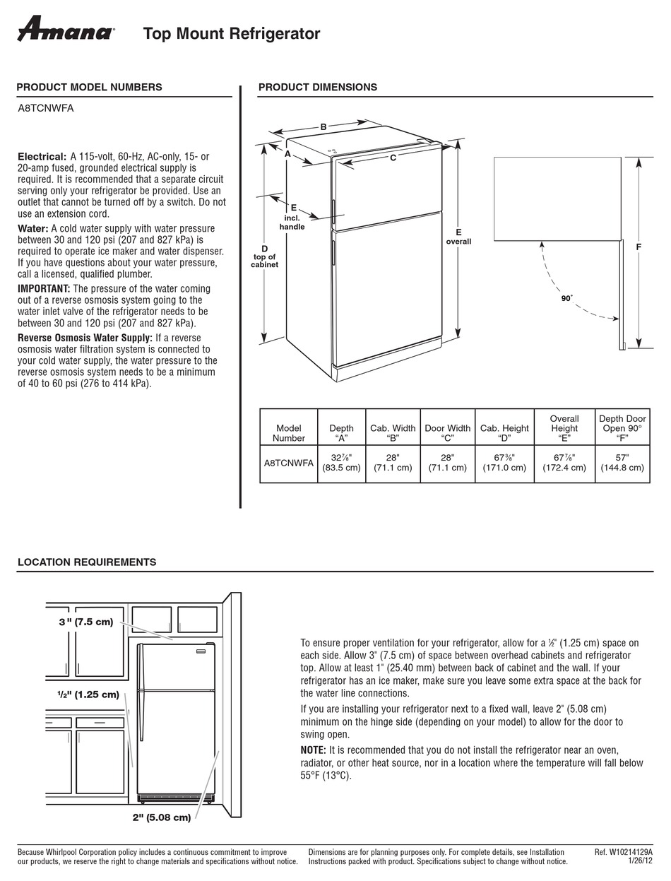 AMANA A8TCNWFA PRODUCT DIMENSIONS Pdf Download ManualsLib